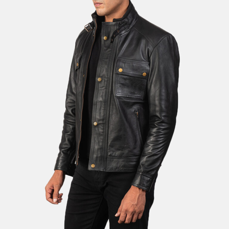 Mens Darren Black Leather Jacket Side Pose-3-1685015084216